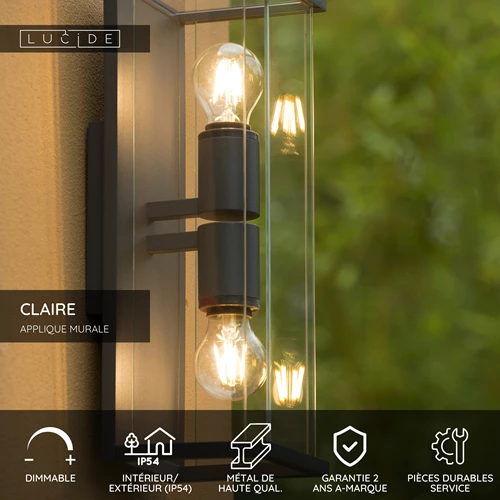 Lucide CLAIRE - Applique murale Intérieur/Extérieur - 2xE27 - IP54 - Anthracite - USP